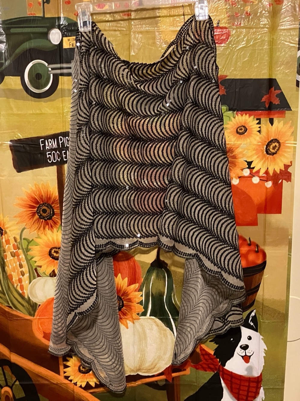 Gray Beaded Scarf Wrap with Art Deco Wave Pattern